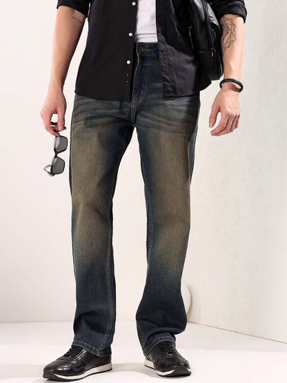 Straight Fit Mid-Rise Heavy Fade Jeans in Blue cotton - Nowi Korean Fashion