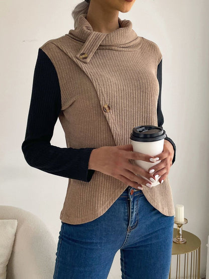 Women's Brown Ribbed Cowl Neck Sweater