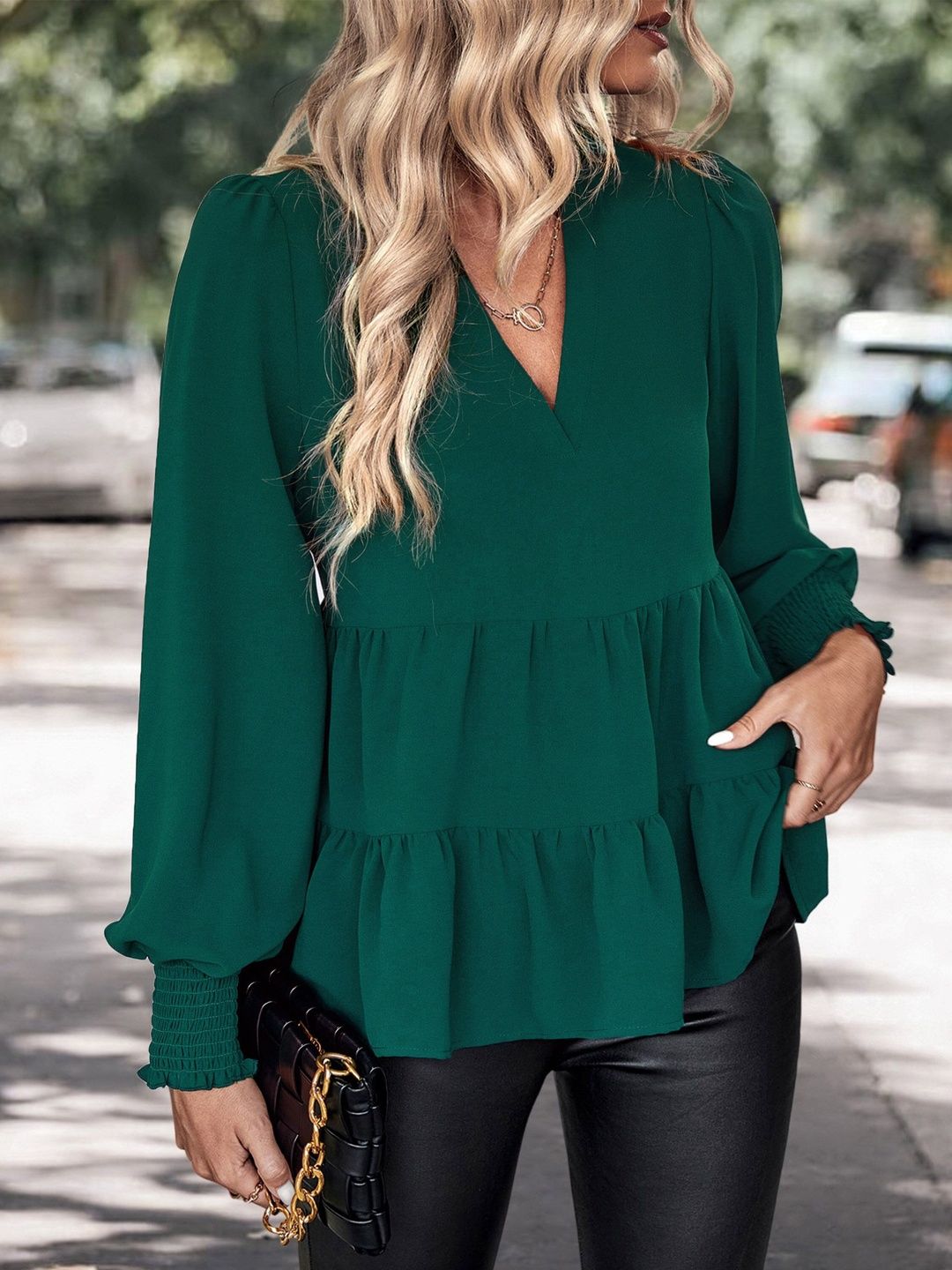 Women's Green Peplum Top Blend Printed