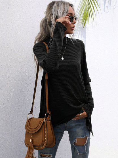 Women's Black Ribbed Pullover Blend Printed Regular Fit