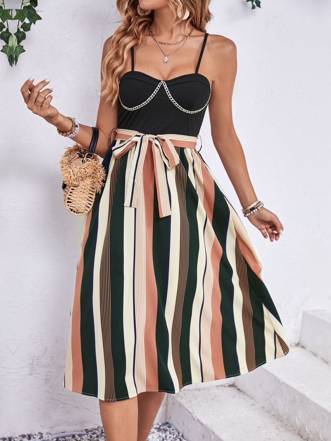 Striped Fit & Flare Midi Dress - Nowi Korean Fashion