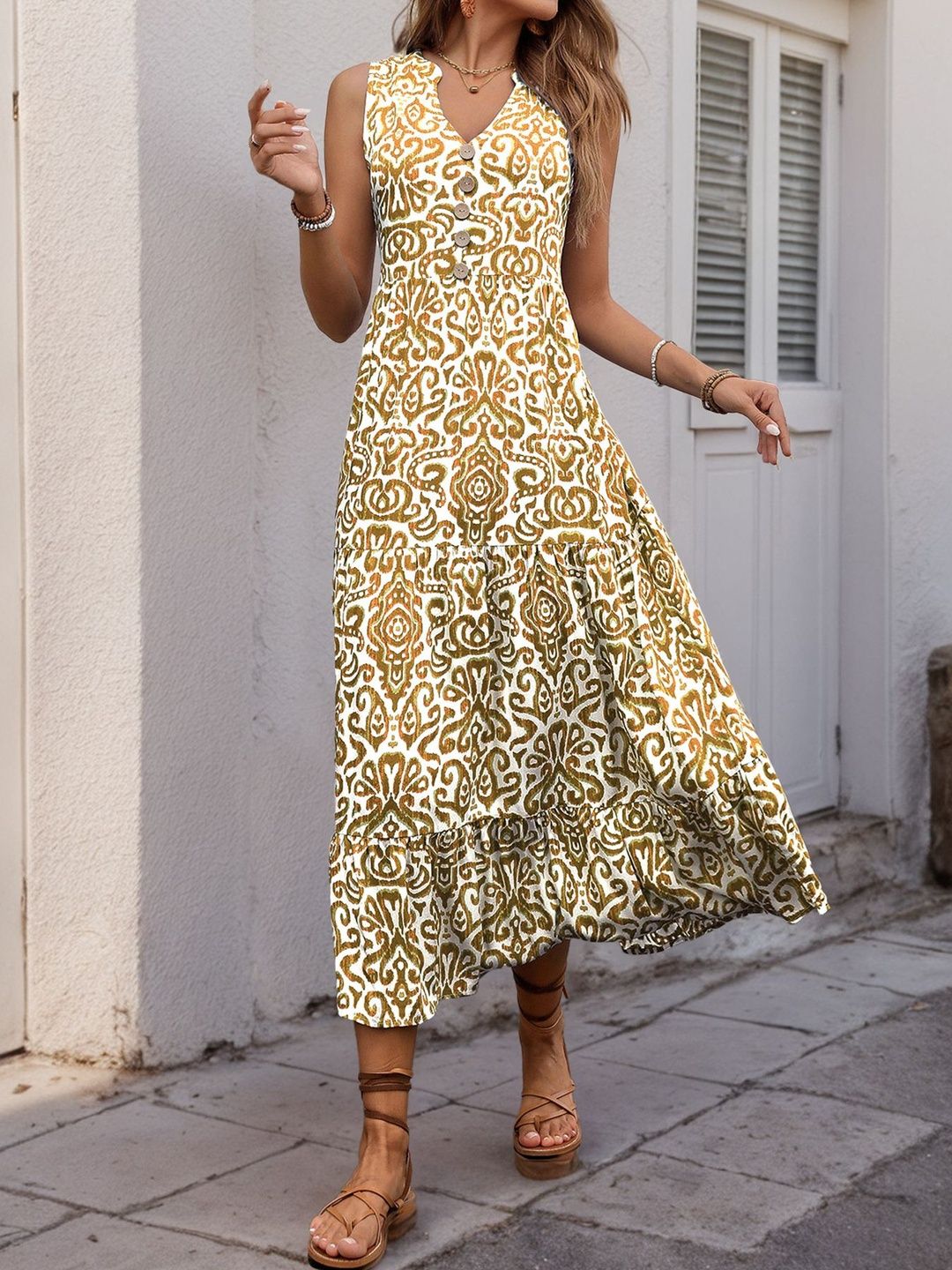 Bohemian Print A-Line Midi Dress