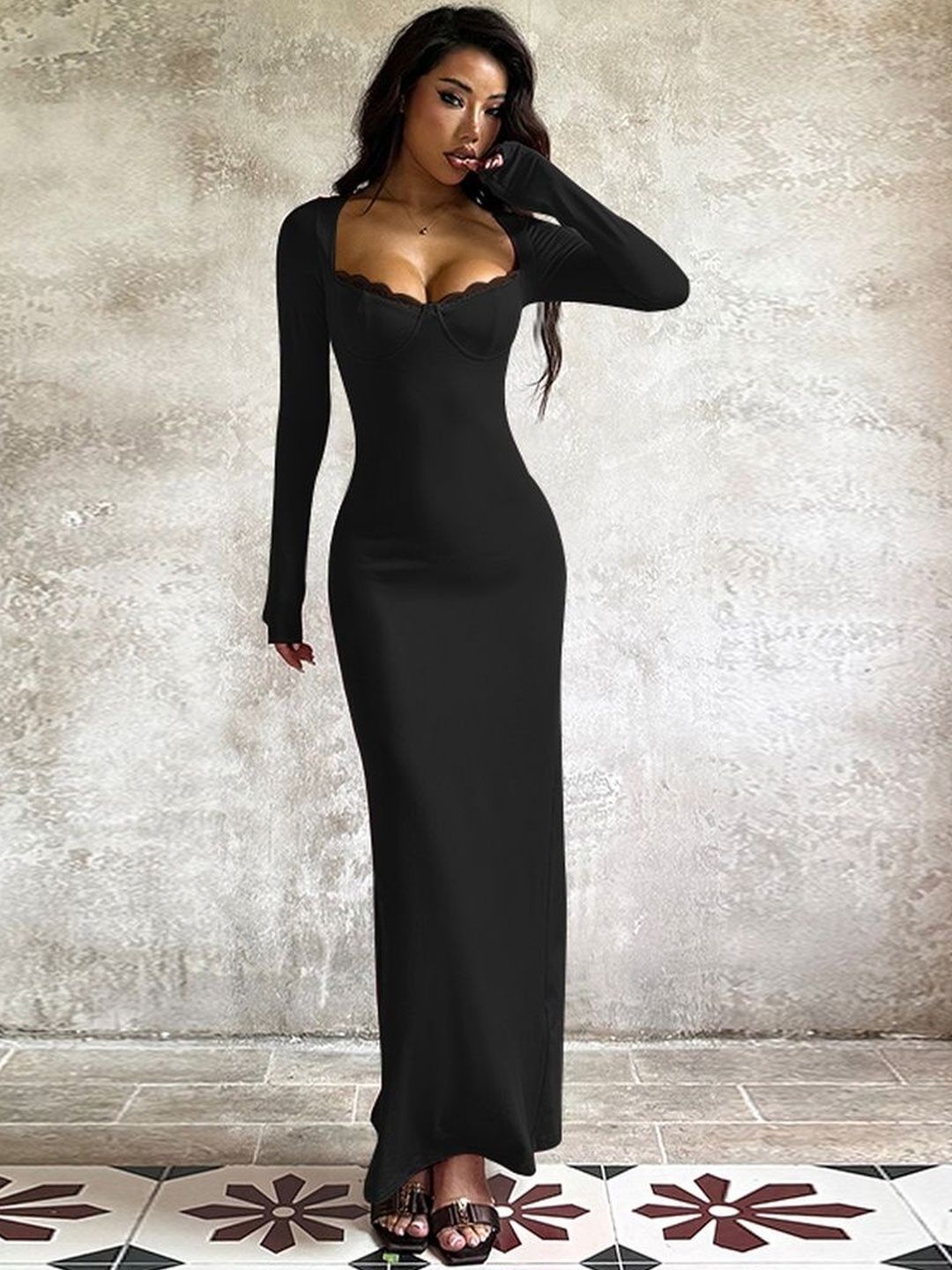 Bodycon Maxi Dress in Black polyester Style 33 - Nowi Korean Fashion