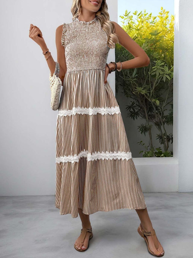 Striped A-Line Midi Dress in Brown - Nowi Korean Fashion