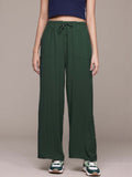 Textured Straight Fit High-Rise Trousers in Green polyester - Nowi Korean Fashion