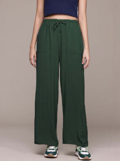Textured Straight Fit High-Rise Trousers in Green polyester - Nowi Korean Fashion