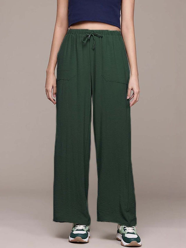 Textured Straight Fit High-Rise Trousers in Green polyester - Nowi Korean Fashion