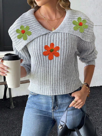 Women Floral Ribbed Pullover with Embroidered Detail