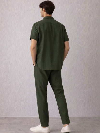 Green Mandarin Collar Shirt with Trousers Co-Ords