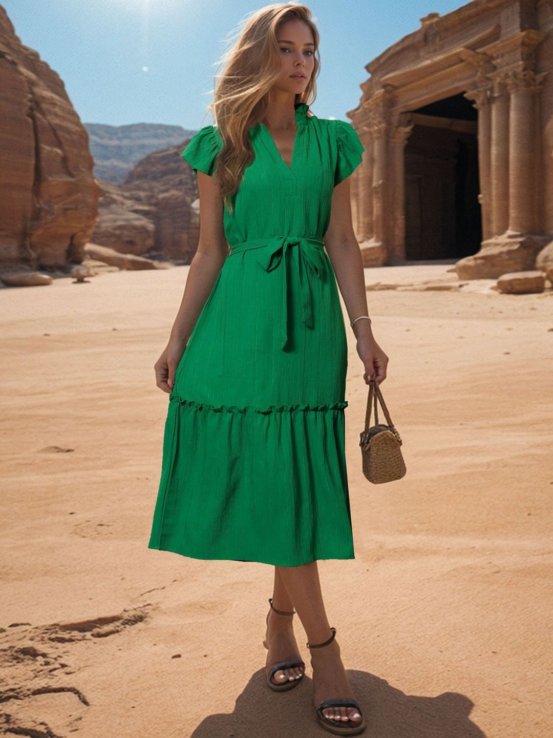 Puff Sleeve Fit & Flare Midi Dress