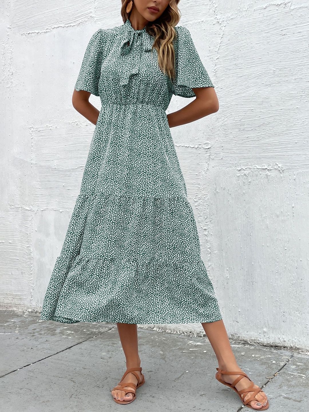 Print Tie-Up Neck Fit & Flare Midi Dress