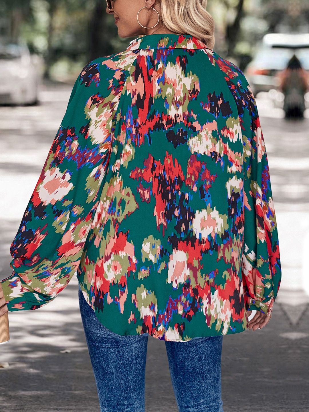 Women's Green Print Bishop Sleeves Top