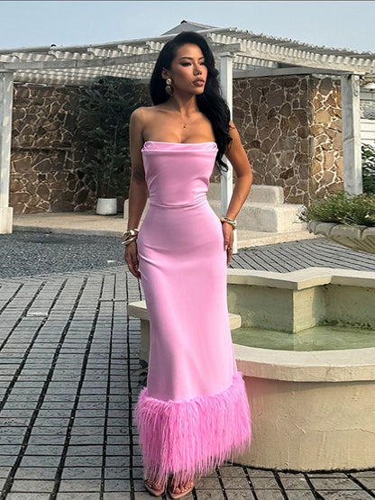 Women's Pink Fringed Bodycon Maxi Dress