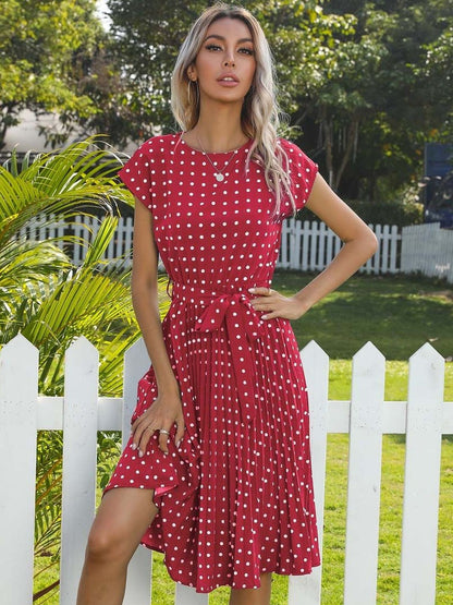 Polka Dot Print Fit & Flare Midi Dress in Red - Nowi Korean Fashion