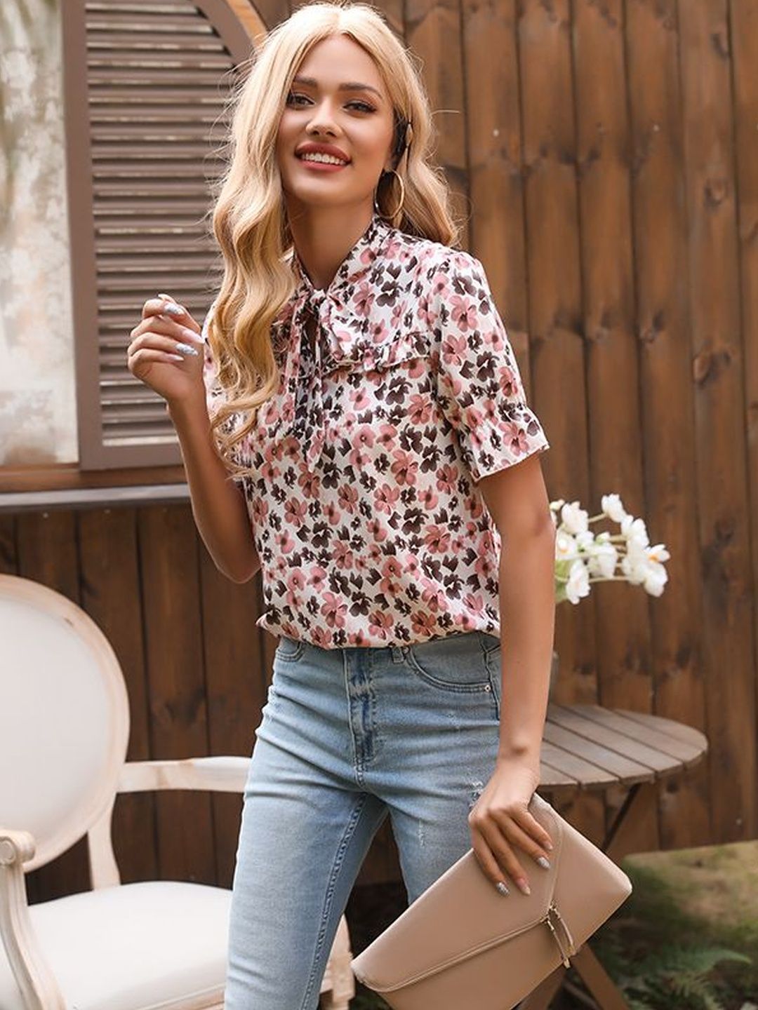 Floral Print Tie-Up Neck Ruffles Cotton Top in White - Nowi Korean Fashion