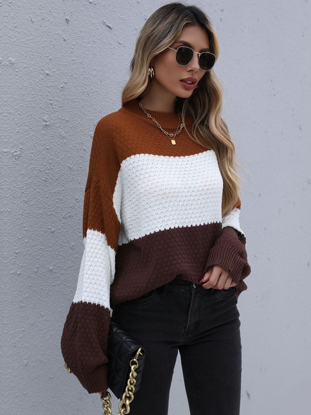 Colourblocked Pullover in Brown Style 567 - Nowi Korean Fashion