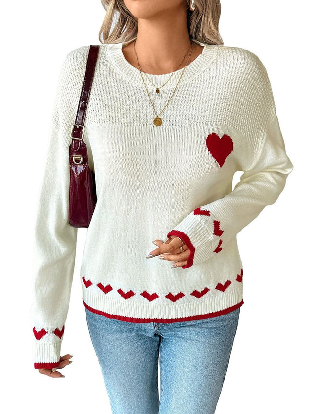 Heart Printed Acrylic Pullover Sweaters in White - Nowi Korean Fashion