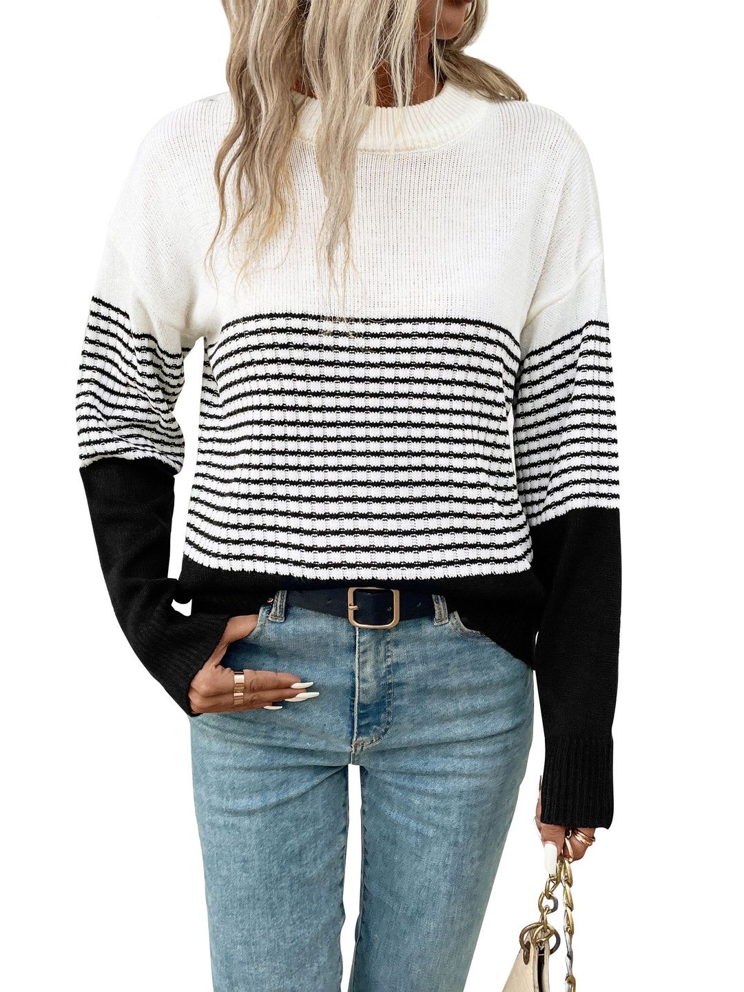 Women's White Striped Colourblocked Pullover