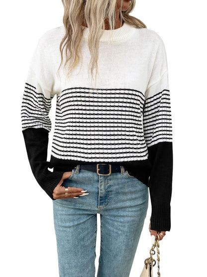 Women's White Striped Colourblocked Pullover