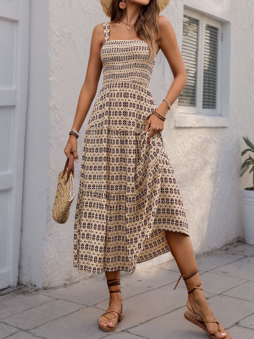 Bohemian Print A-Line Midi Dress in Beige cotton Printed - Nowi Korean Fashion