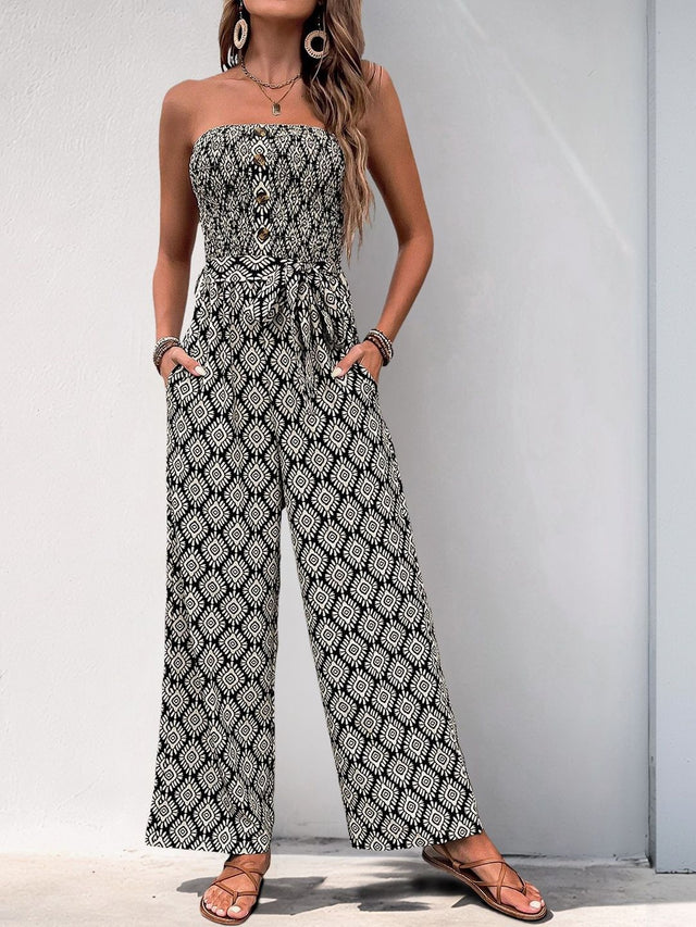 Strapless Printed Basic Jumpsuit in Black cotton Style 10 - Nowi Korean Fashion