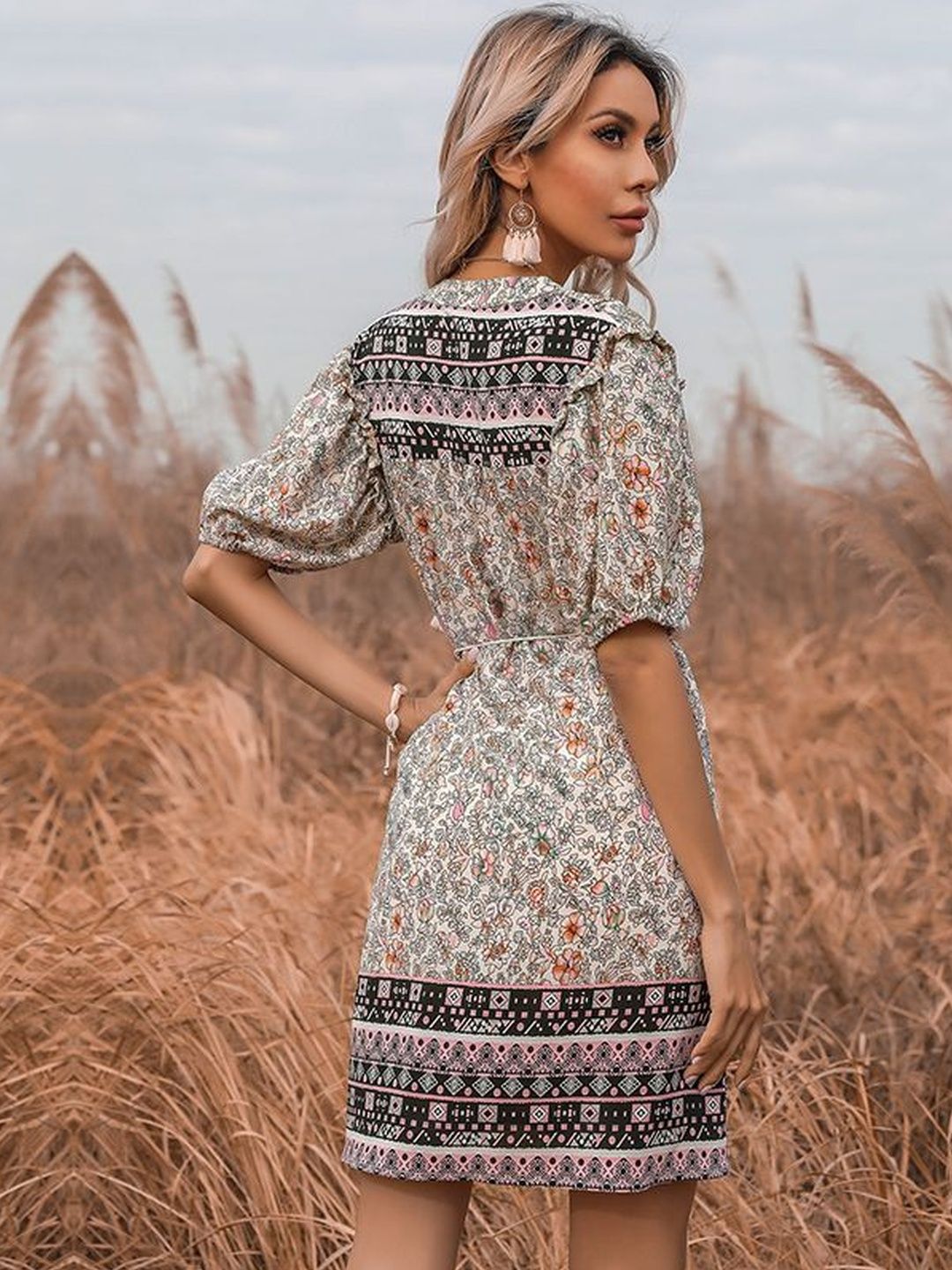 Floral Print Puff Sleeve A-Line Mini Dress