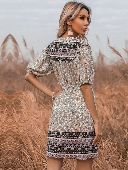 Floral Print Puff Sleeve A-Line Mini Dress