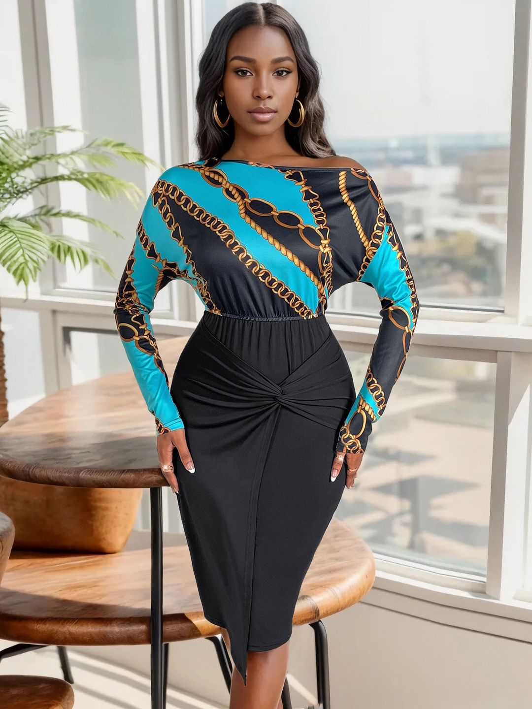 Print Off-Shoulder Batwing Sleeve Bodycon Dress in Black - Nowi Korean Fashion