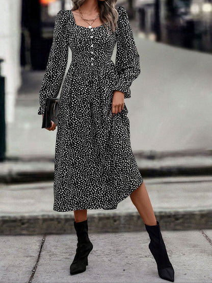 Women's Black Polka Dot Print A-Line Midi Dress