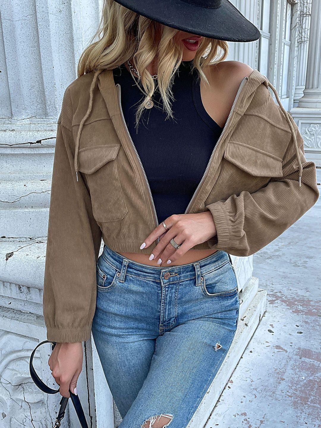 Women Corduroy Crop Bomber Jacket