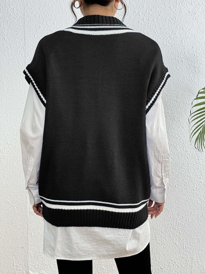 Women Striped Sweater Vest with Embellished Detail