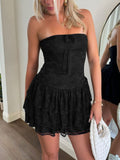 Ruffled Fit & Flare Mini Dress in Black cotton - Nowi Korean Fashion