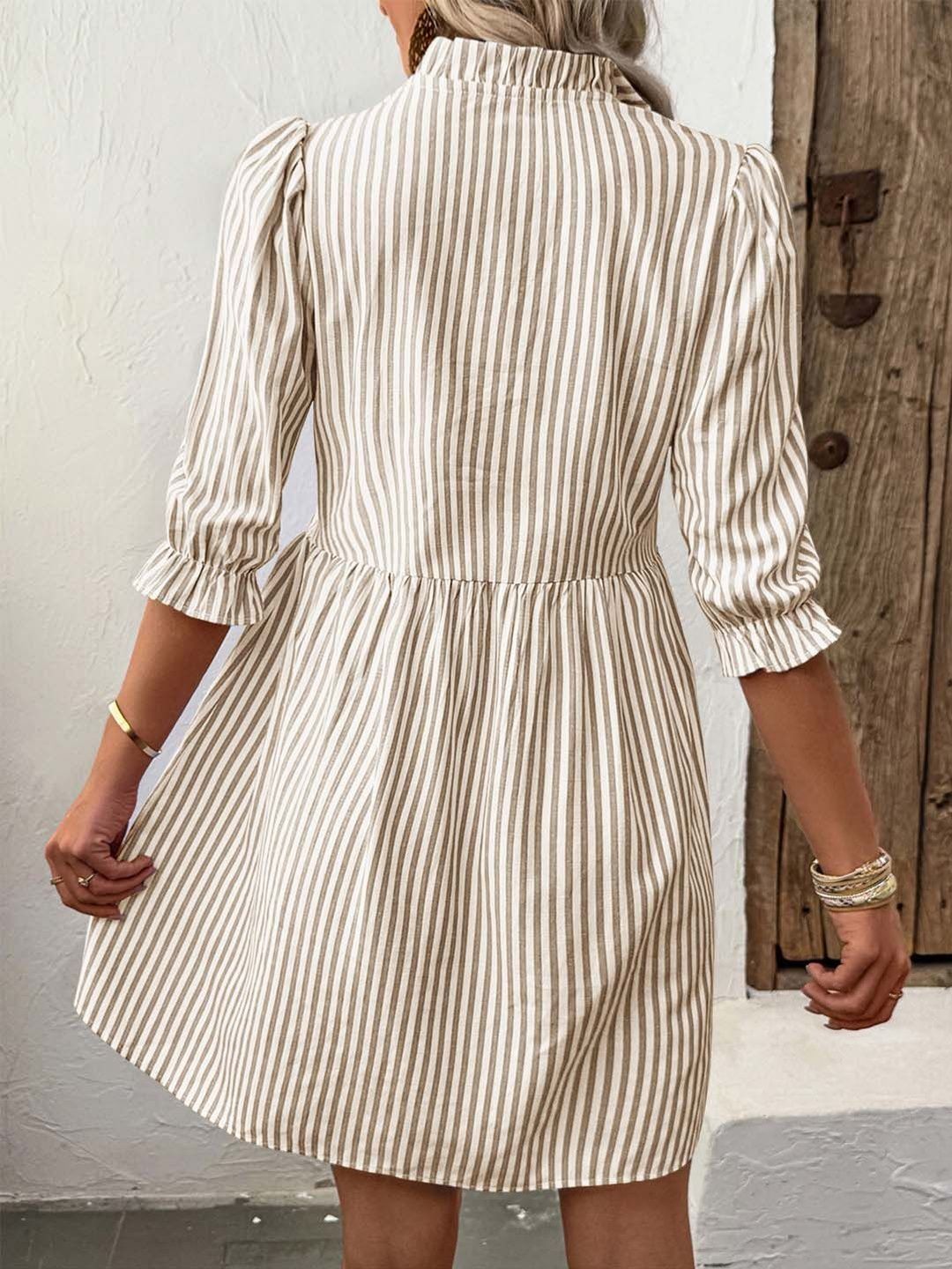 Striped Puff Sleeve Ruffled A-Line Dress