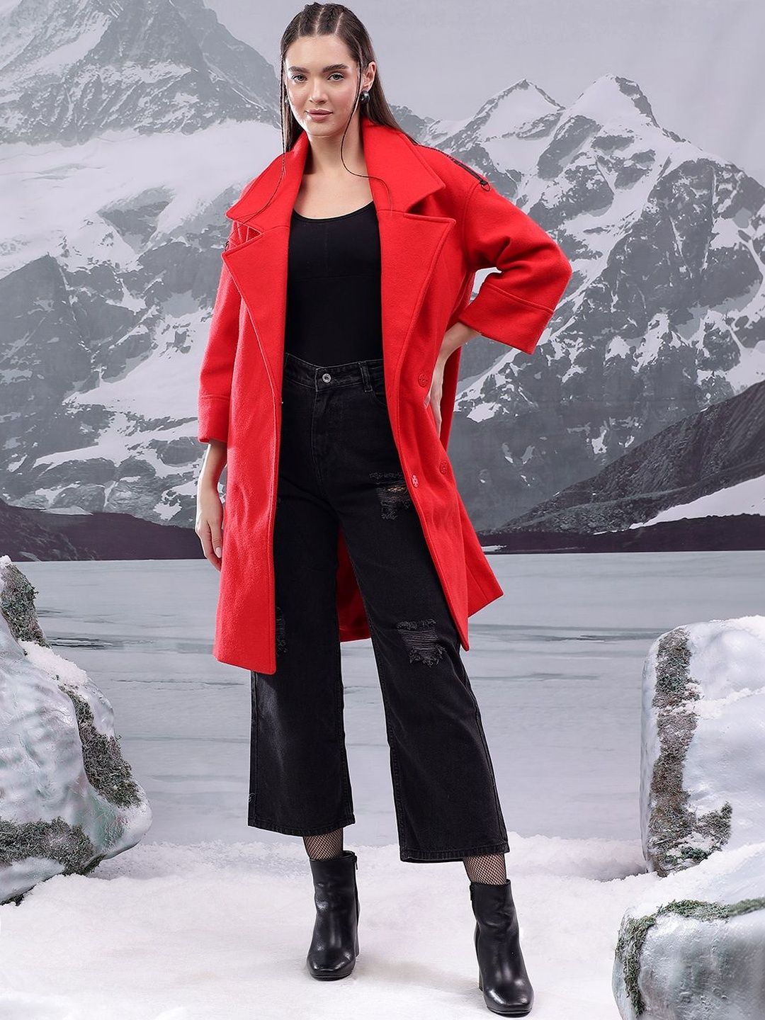 NOWI Solid Notched Lapel Double-Breasted Longline Cotton Casual Blazer