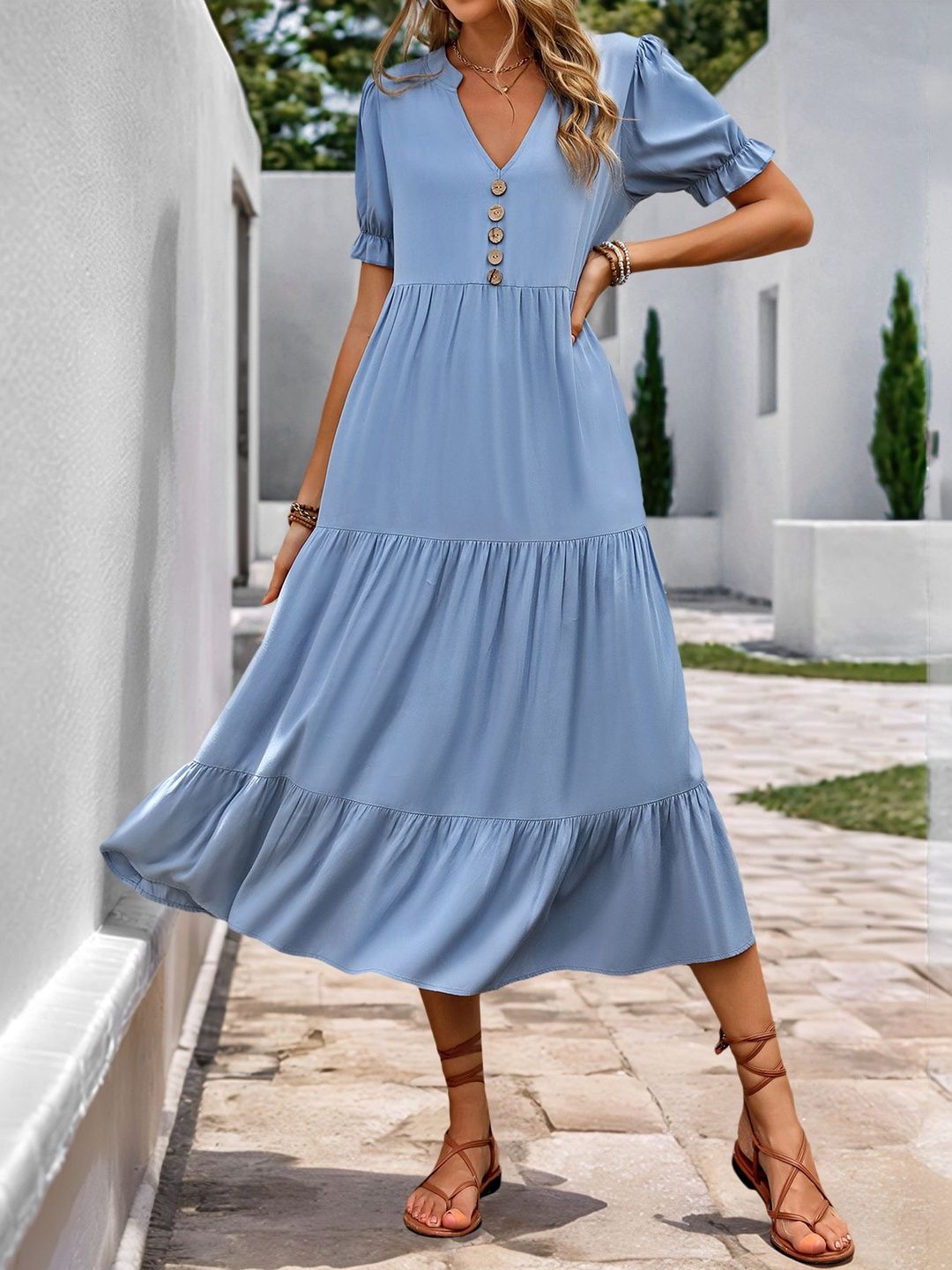 Puff Sleeve Fit & Flare Midi Dress