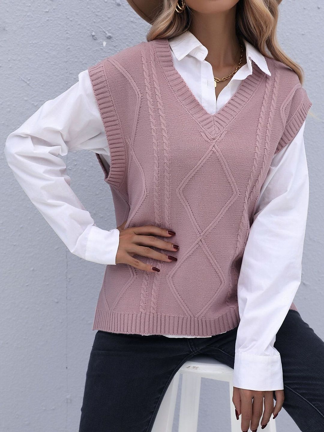 Cable Knit Sweater Vest in Purple - Nowi Korean Fashion