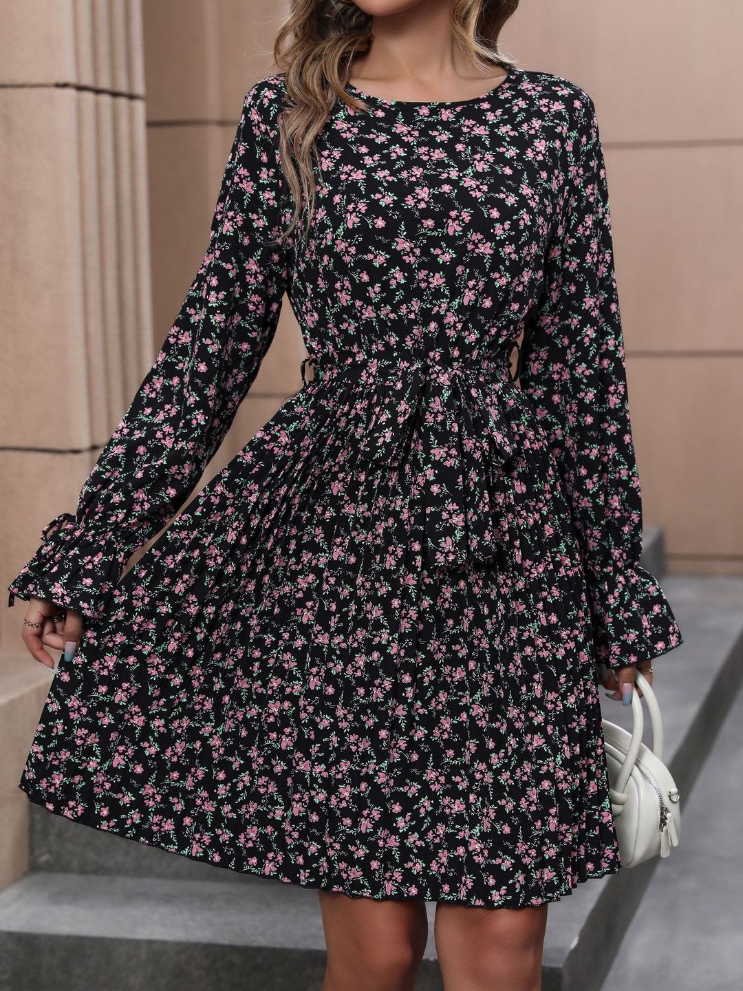 Women's Black Floral Print Fit & Flare Dress Blend