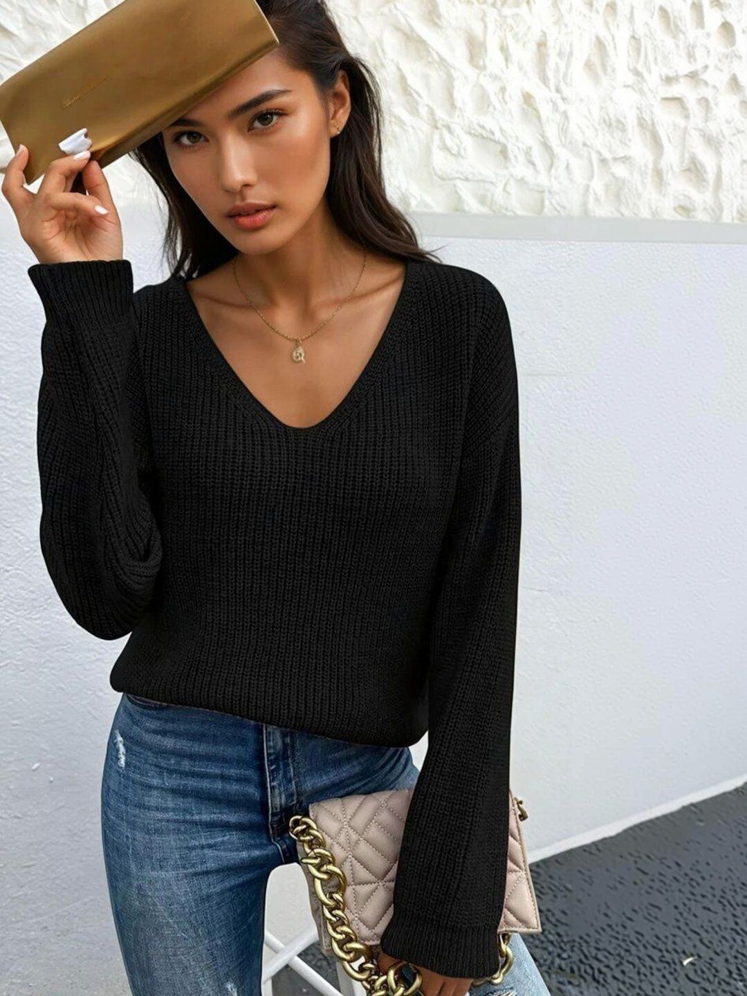 Ribbed Pullover in Black acrylic Style 238 - Nowi Korean Fashion