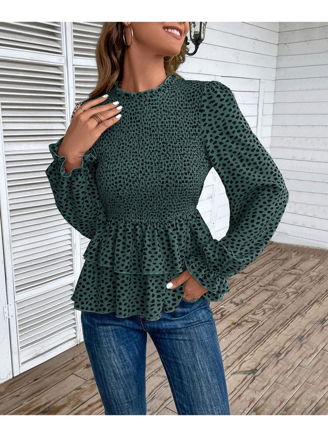 Stylish Smocked Peplum Top in Green - Nowi Korean Fashion