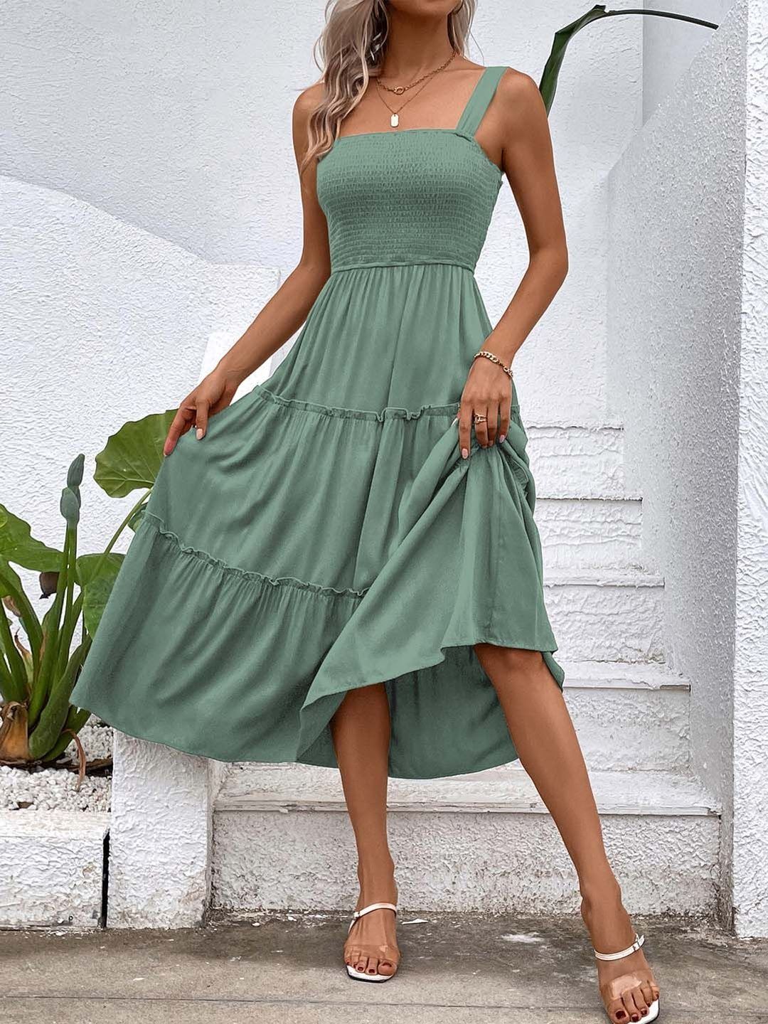 Women's Green Fit & Flare Midi Dress Blend Printed