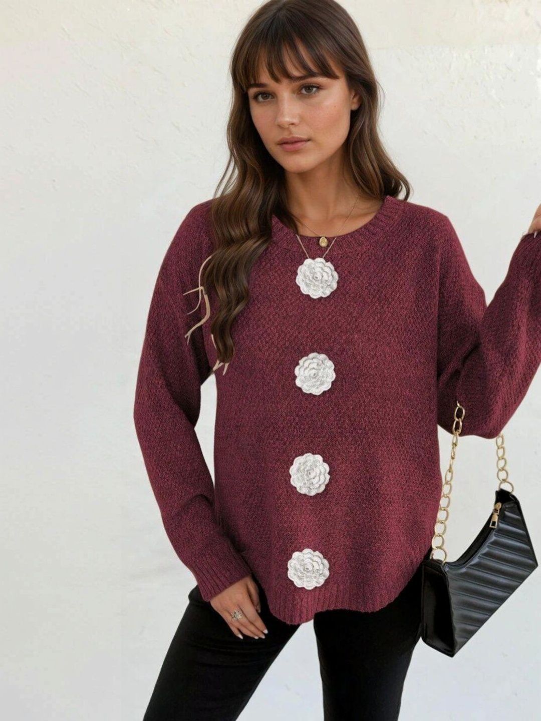 Pullover with Applique Detail in Maroon acrylic Long Sleeve - Nowi Korean Fashion