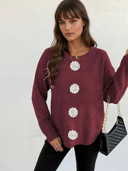 Pullover with Applique Detail in Maroon acrylic Long Sleeve - Nowi Korean Fashion