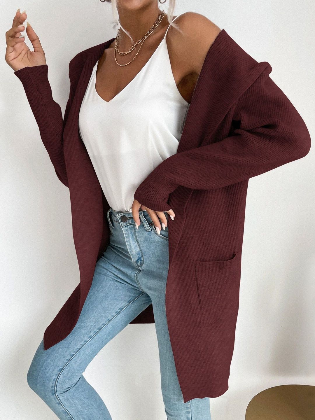 Women's Maroon Ribbed Cardigan