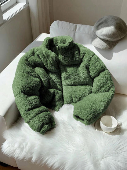 Woollen Crop Open Front Jacket in Green - Nowi Korean Fashion