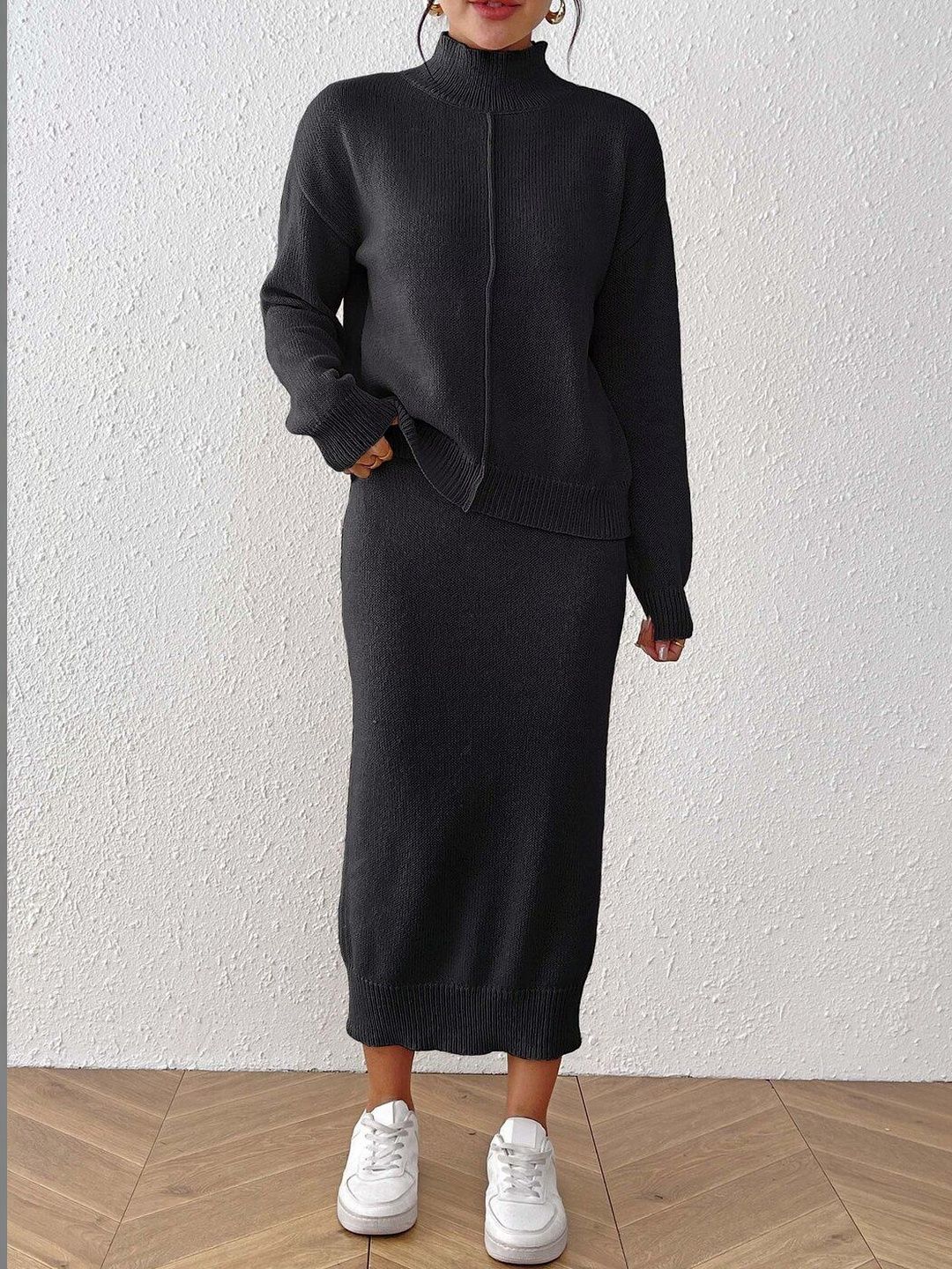 Knitted Solid Sweater with Skirt
