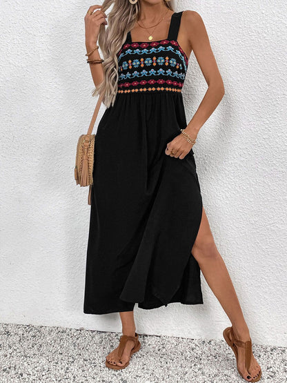 Bohemian Embroidered A-Line Midi Dress