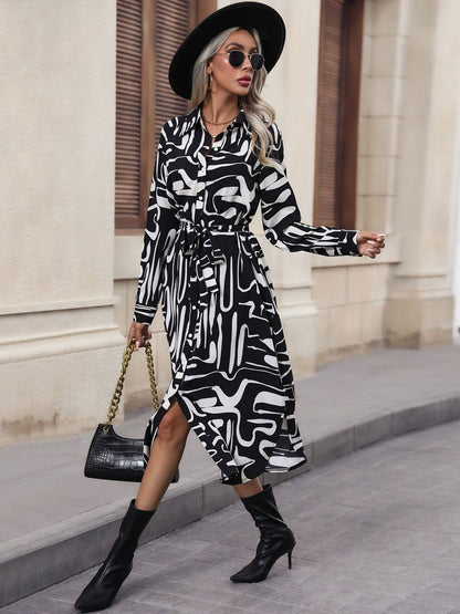 Women's Black Print Shirt Midi Dress Blend Printed