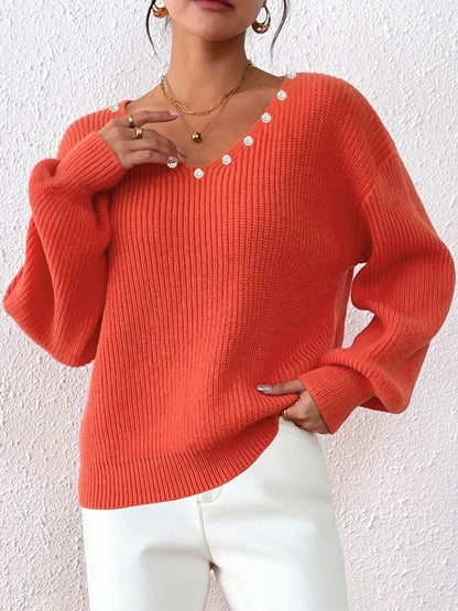 Women Ribbed Pullover with Embellished Detail