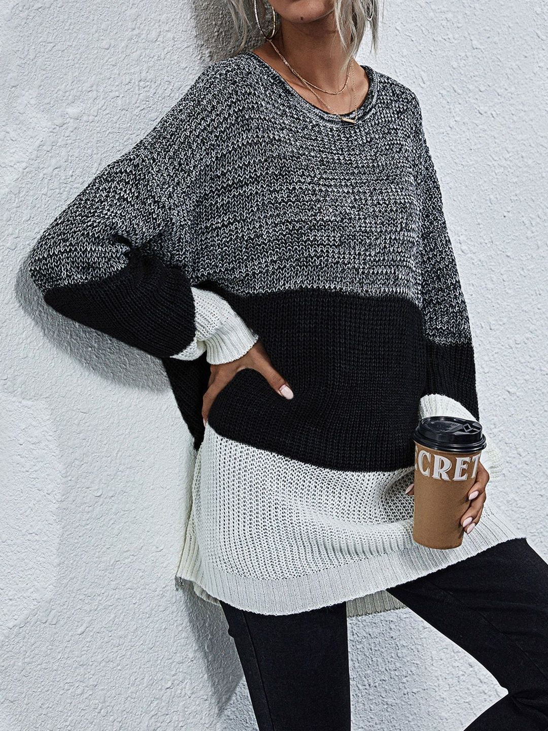 Women's Grey Colourblocked Pullover Blend Printed