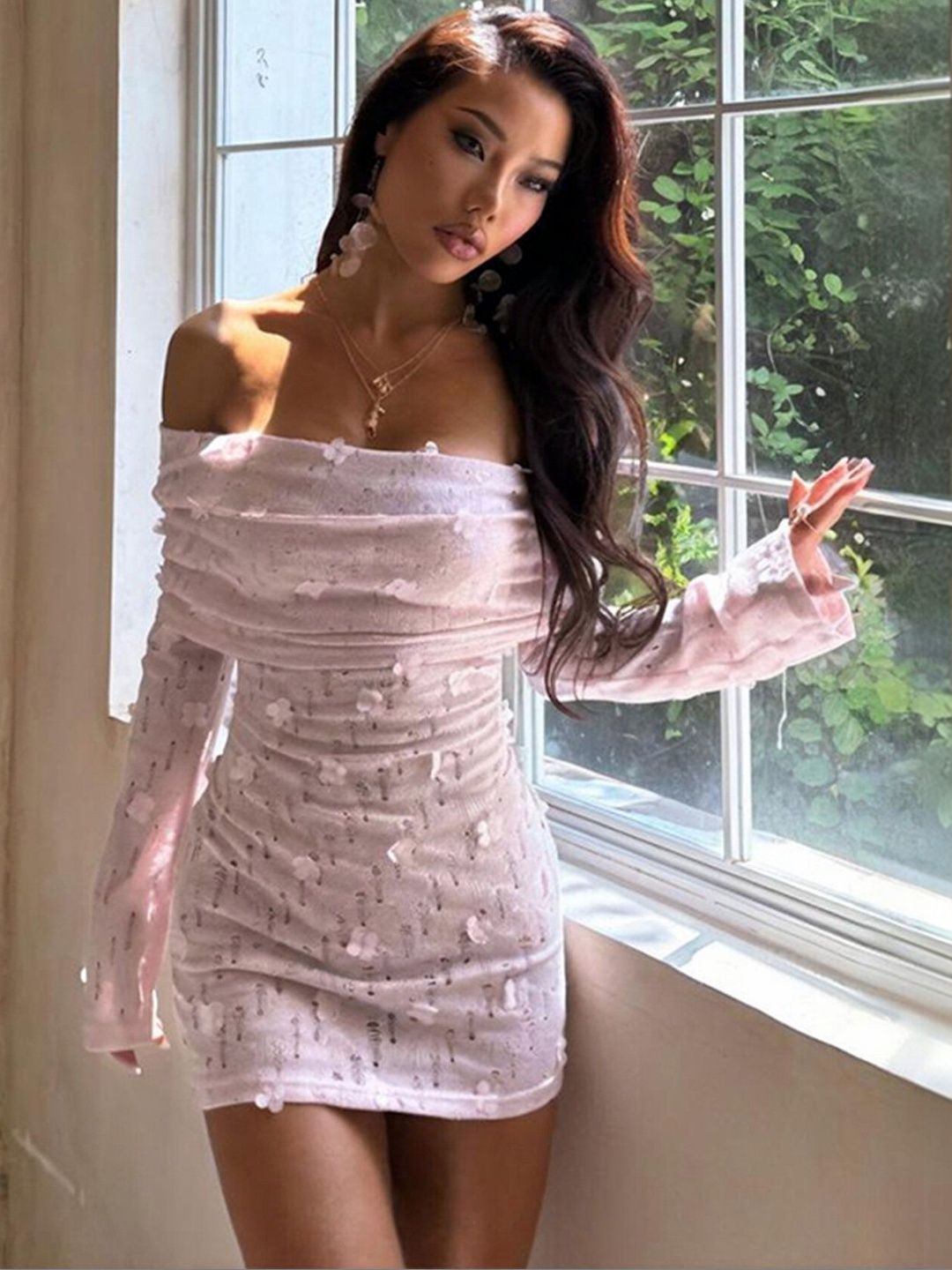 Pink Floral Embellished Off-Shoulder Mini Dress